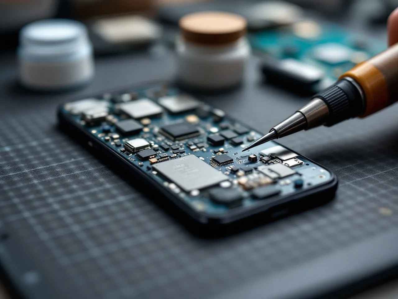 A logic board photographed at intake, as the repair ticket records it