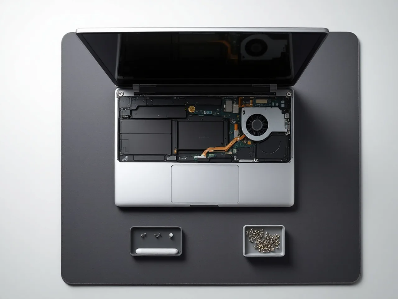 A laptop photographed at intake, as the repair ticket records it